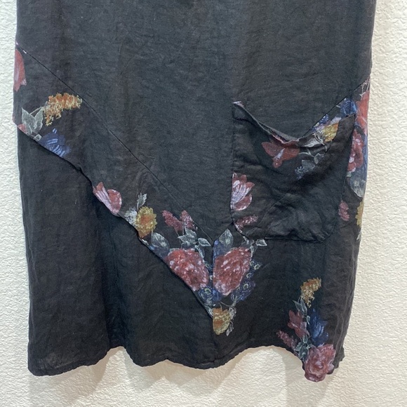 Women's Made in Italy Black Floral 100% Linen Lagenlook Boho Coastal Midi Dress - Picture 2 of 7